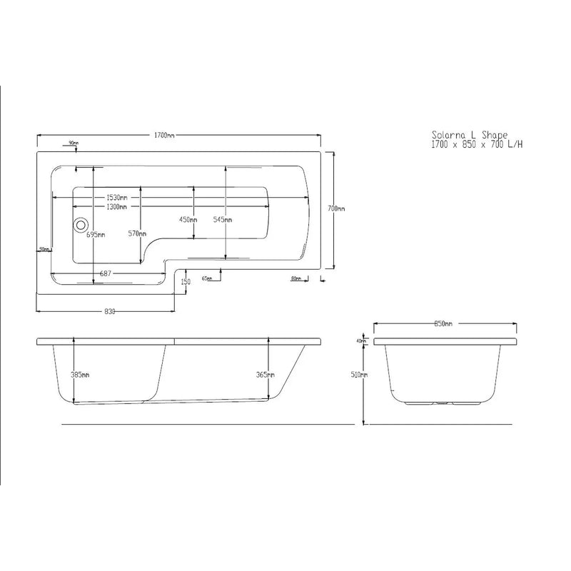 Pure Baths Tide 1700mm x 850mm Left Handed L Shaped Bath