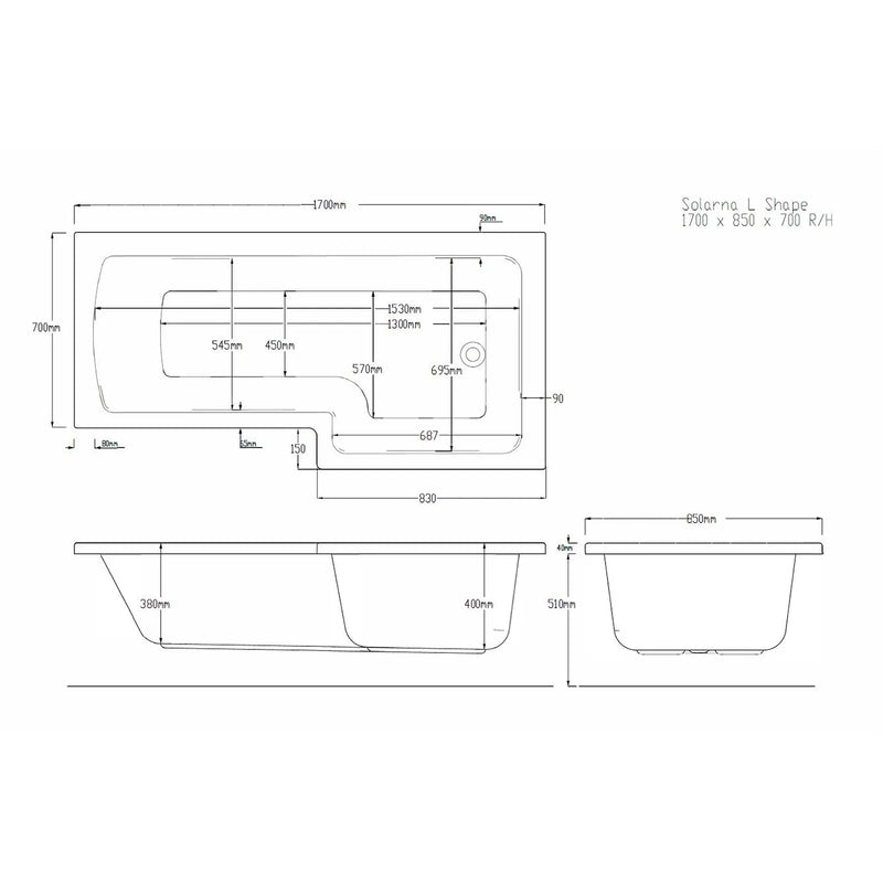 Pure Baths Tide 1700mm x 850mm Right Handed L Shaped Bath