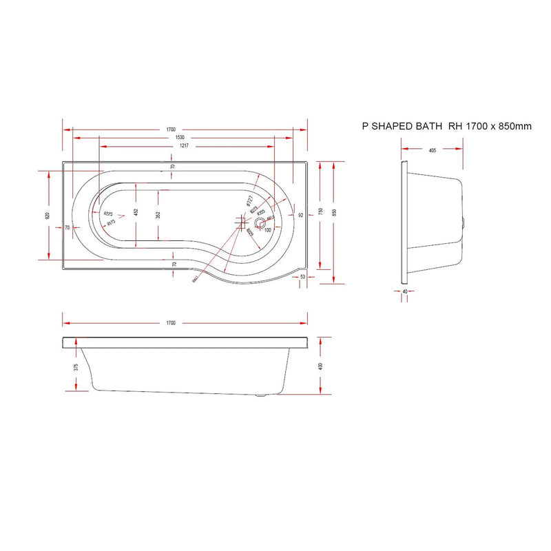 Pure Baths Sage Geode 1700mm x 850mm Right Handed P Shaped Bath