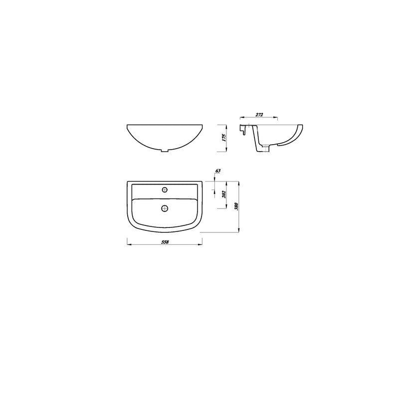 Pure Baths Glade 560mm x 380mm Semi Recessed 1 Tap Hole Basin - White