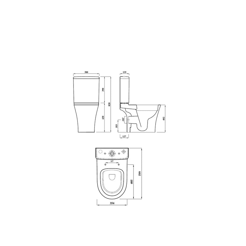 Pure Baths Drift Rimless 400mm x 600mm x 355mm Close Coupled Open Back WC Pan - White