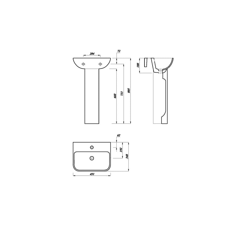 Pure Baths Eclipse 450mm x 350mm Thin Lipped Square 1 Tap Hole Basin