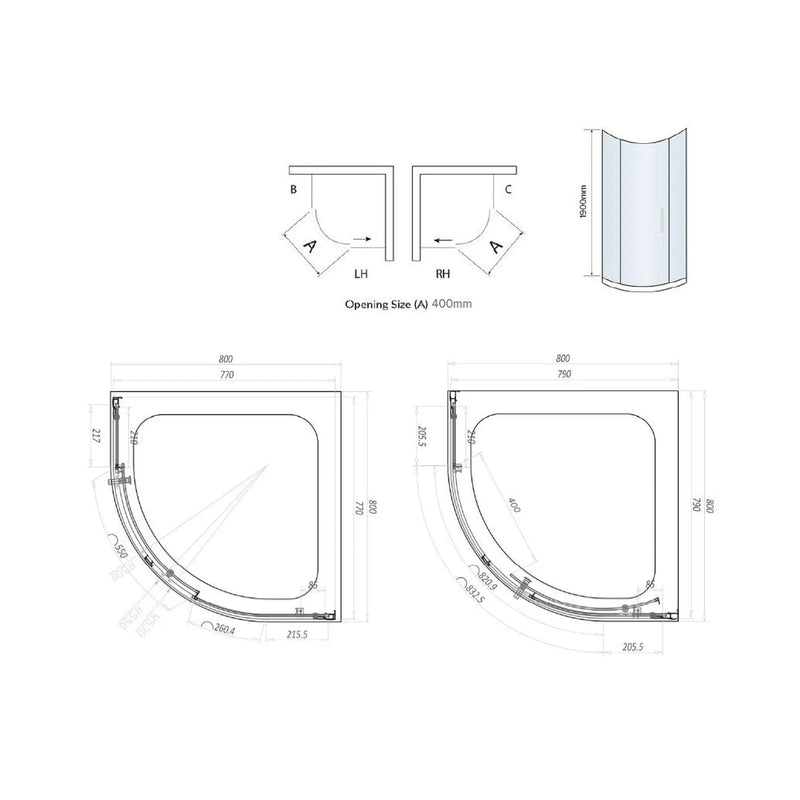Pure Baths Belmont 6mm x 800mm x 800mm 2 Door Quadrant Shower Enclosure
