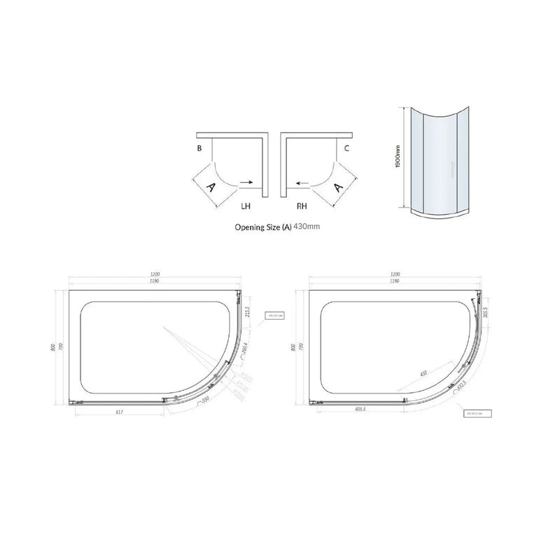 Pure Baths Belmont 6mm x 1200mm x 800mm 1 Door Quadrant Shower Enclosure