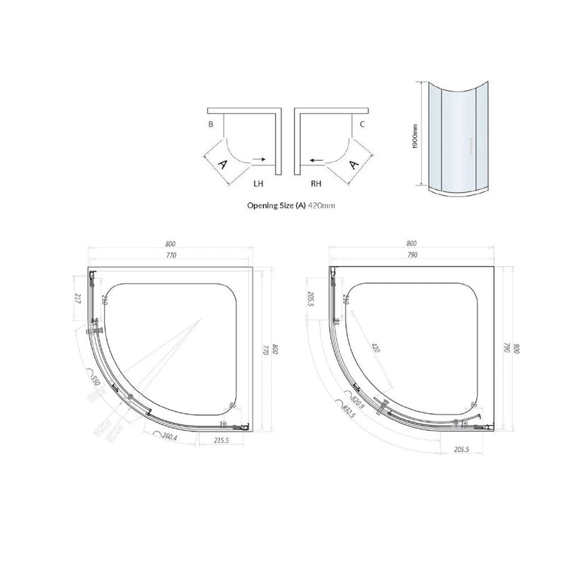Pure Baths Belmont 6mm x 800mm x 800mm 1 Door Quadrant Shower Enclosure