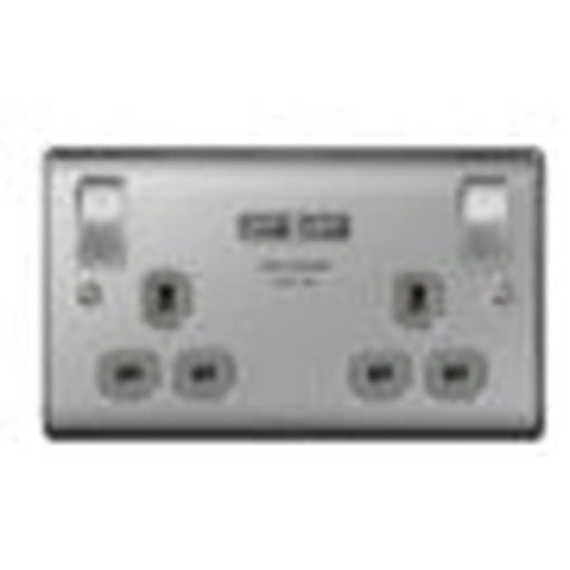 BG 13a 2 Gang Switch Socket & USB Brushed Steel With Grey Inserts
