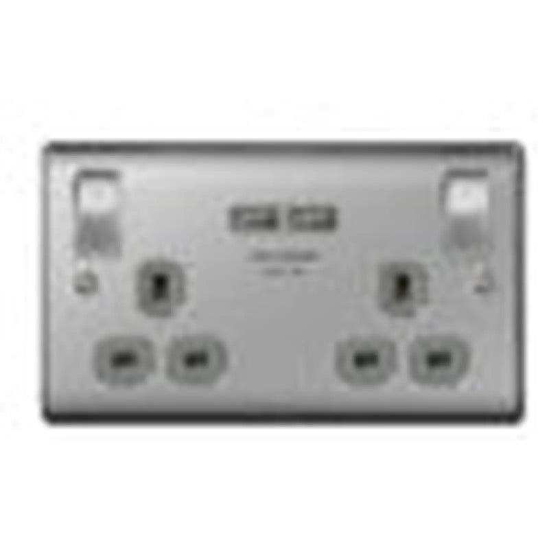 BG 13a 2 Gang Switch Socket & USB Brushed Steel With Grey Inserts