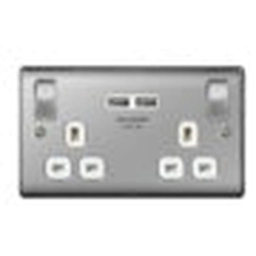 BG 13a 2 Gang Switch Socket & USB Brushed Steel With White Inserts