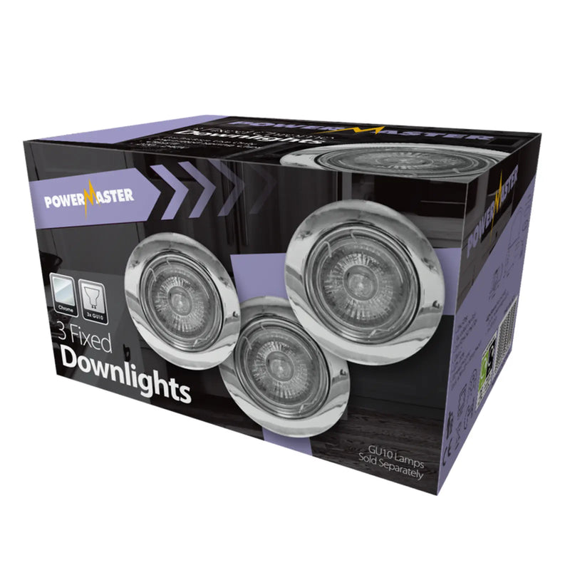 Powermaster 3 Pack Fixed GU10 Downlights Chrome