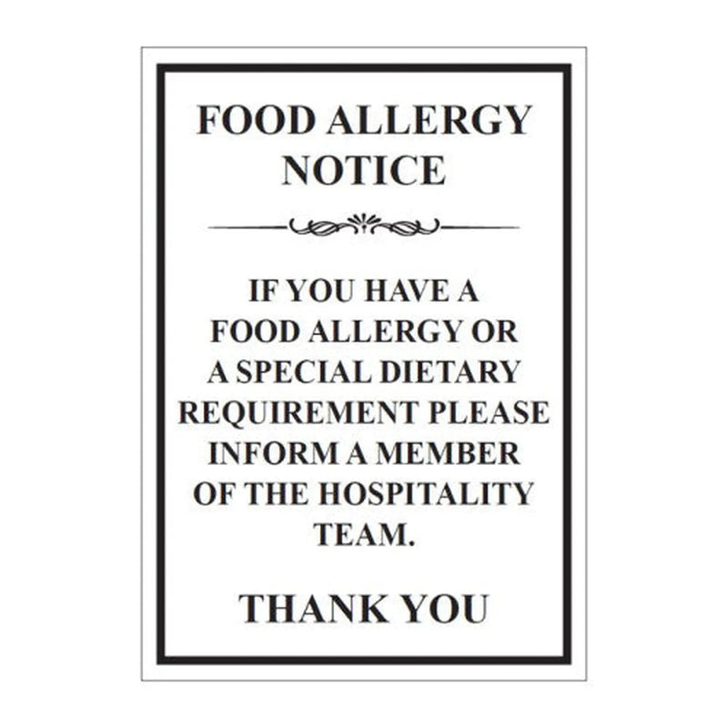Centurion Food Allergy Notice - SAV (210 x 297mm) - Min Order 2