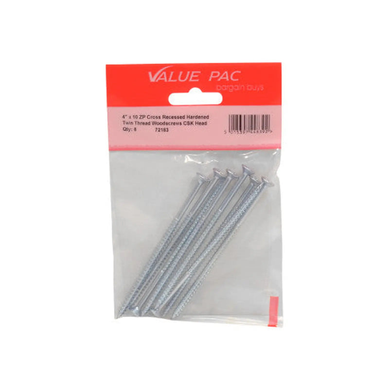 Centurion 4" x 10 ZP Cross Recessed Hardened Twin Thread Woodscrews with - Pack of 10