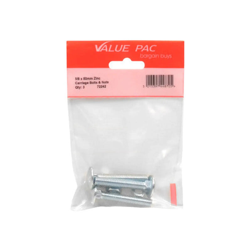 Centurion M8 x 50mm ZP Small Carriage Bolts & Nuts (Pack of 3) - Pack of 10