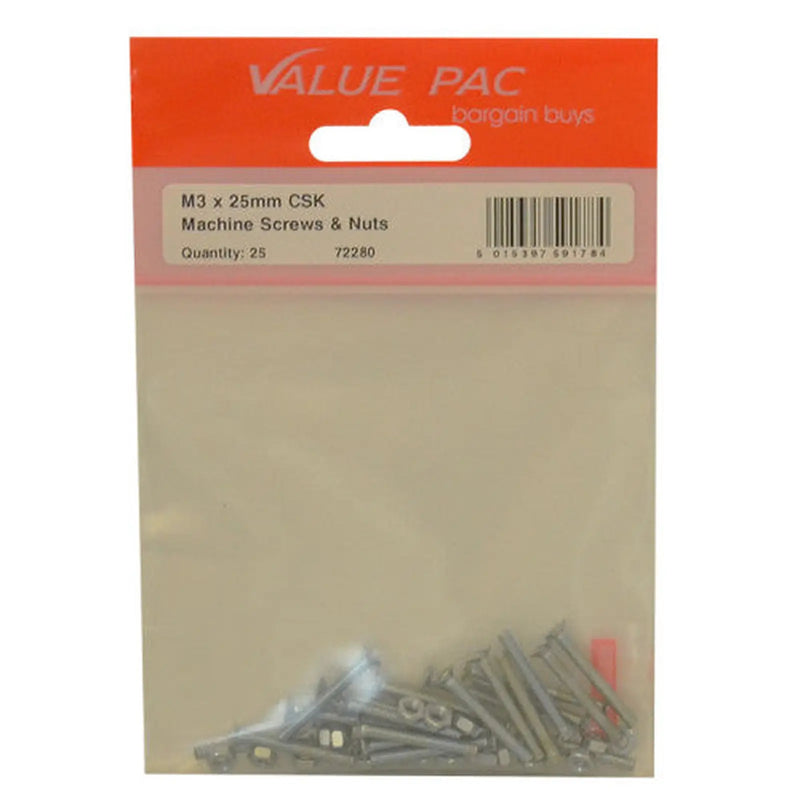 Centurion M3 x 25mm ZP Machine Screws & Nuts CSK - Pack of 10