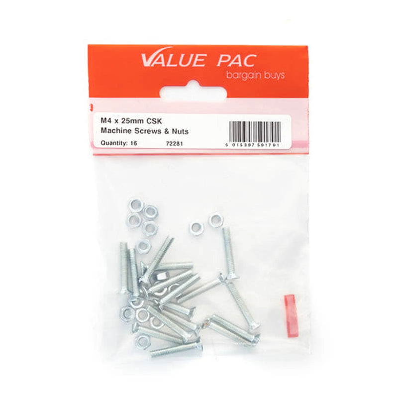 Centurion M4 x 25mm ZP Machine Screws & Nuts CSK - Pack of 10
