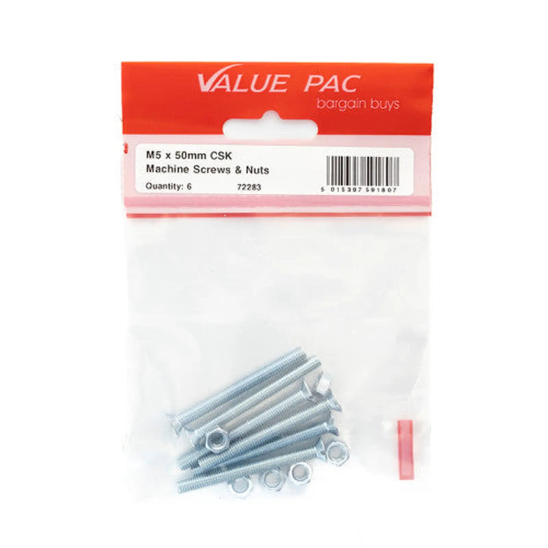 Centurion M5 x 50mm ZP Machine Screws & Nuts CSK - Pack of 10
