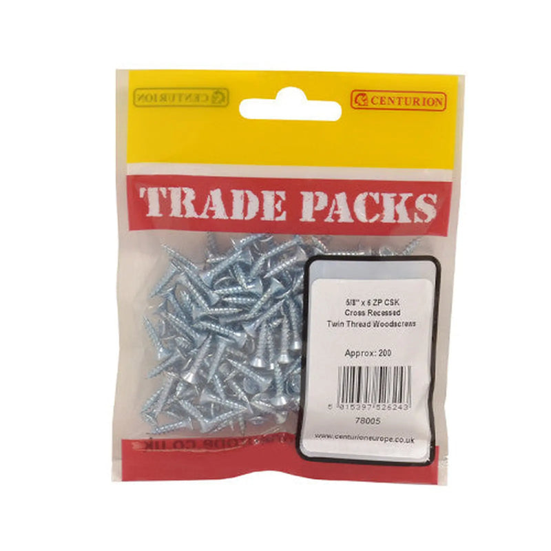 Centurion Pozi Twinthread Countersunk Woodscrews - Zinc Plated - 5/8" x 6 - - Pack of 5