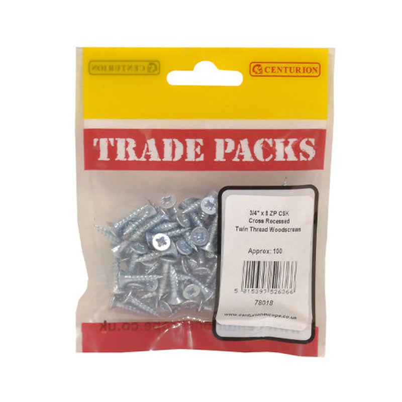 Centurion Pozi Twinthread Countersunk Woodscrews - Zinc Plated - 3/4" x 8 - - Pack of 5