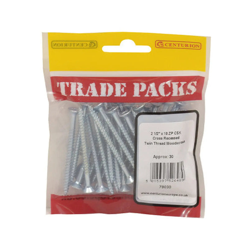 Centurion Pozi Twinthread Countersunk Woodscrews - Zinc Plated - 2 1/2" x 10 - Pack of 5