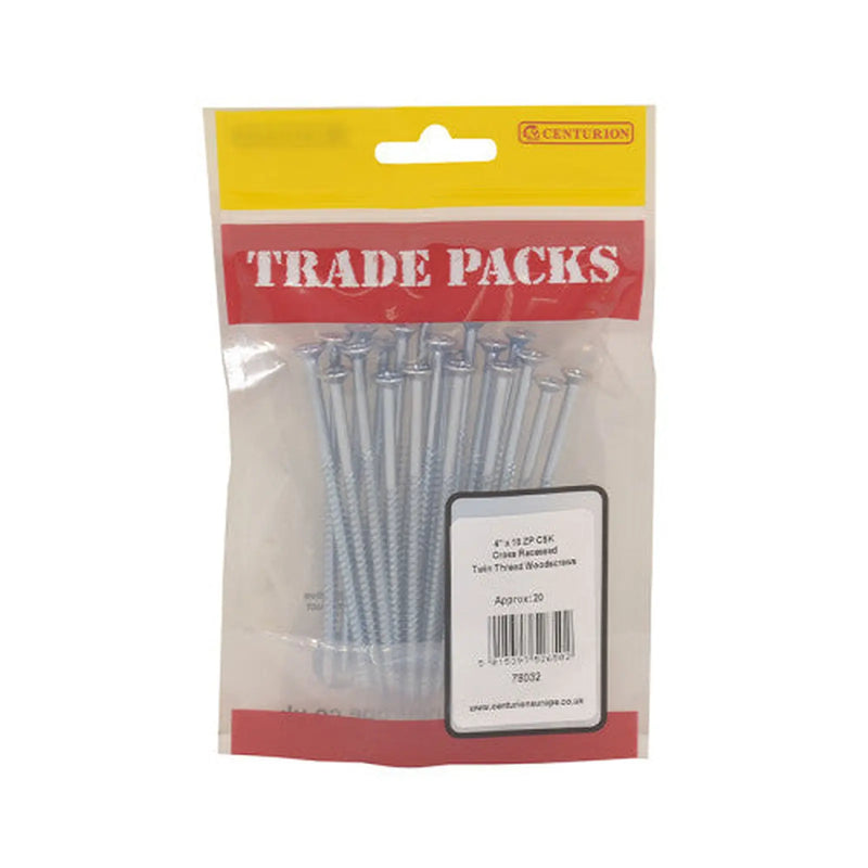 Centurion Pozi Twinthread Countersunk Woodscrews - Zinc Plated - 4" x 10 - - Pack of 5