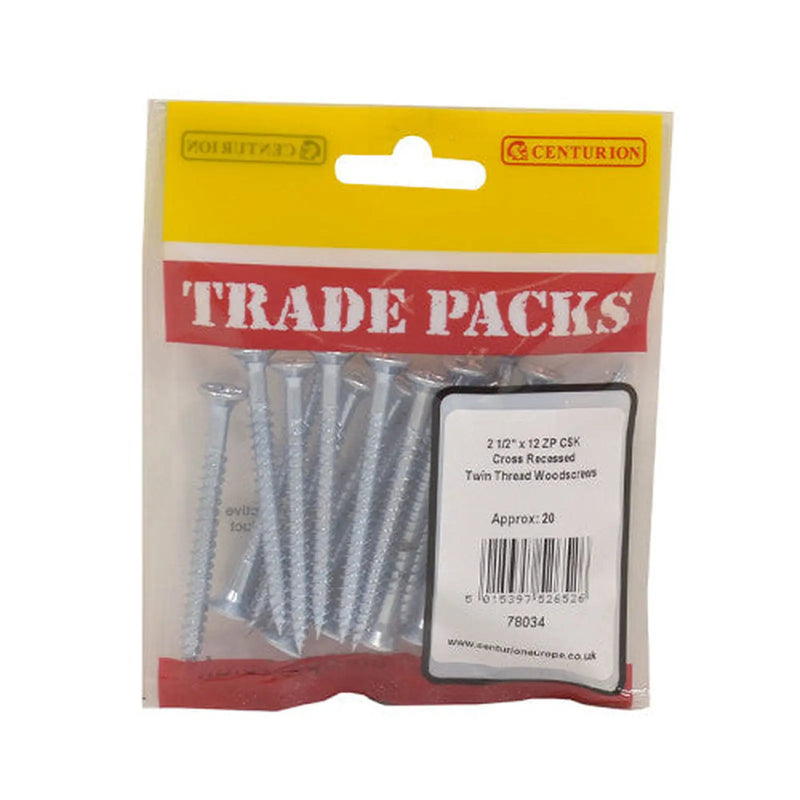 Centurion Pozi Twinthread Countersunk Woodscrews - Zinc Plated - 2 1/2" x 12 - Pack of 5