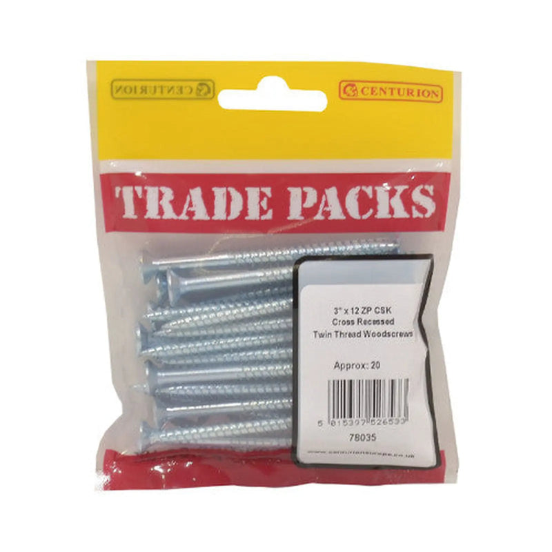 Centurion Pozi Twinthread Countersunk Woodscrews - Zinc Plated - 3" x 12 - - Pack of 5