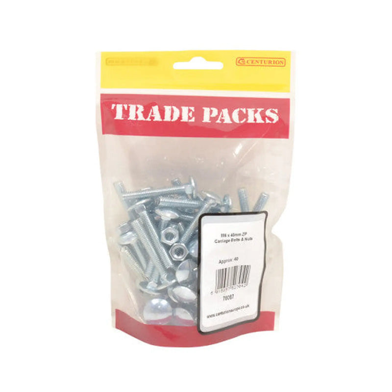 Centurion Cup Square Carriage Bolts & Nuts - Zinc Plated - M6 x 40mm - (40 PK) - Pack of 5