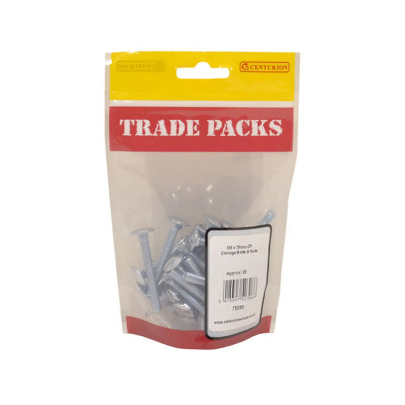 Centurion Cup Square Carriage Bolts & Nuts - Zinc Plated - M6 x 75mm - (25 PK) - Pack of 5