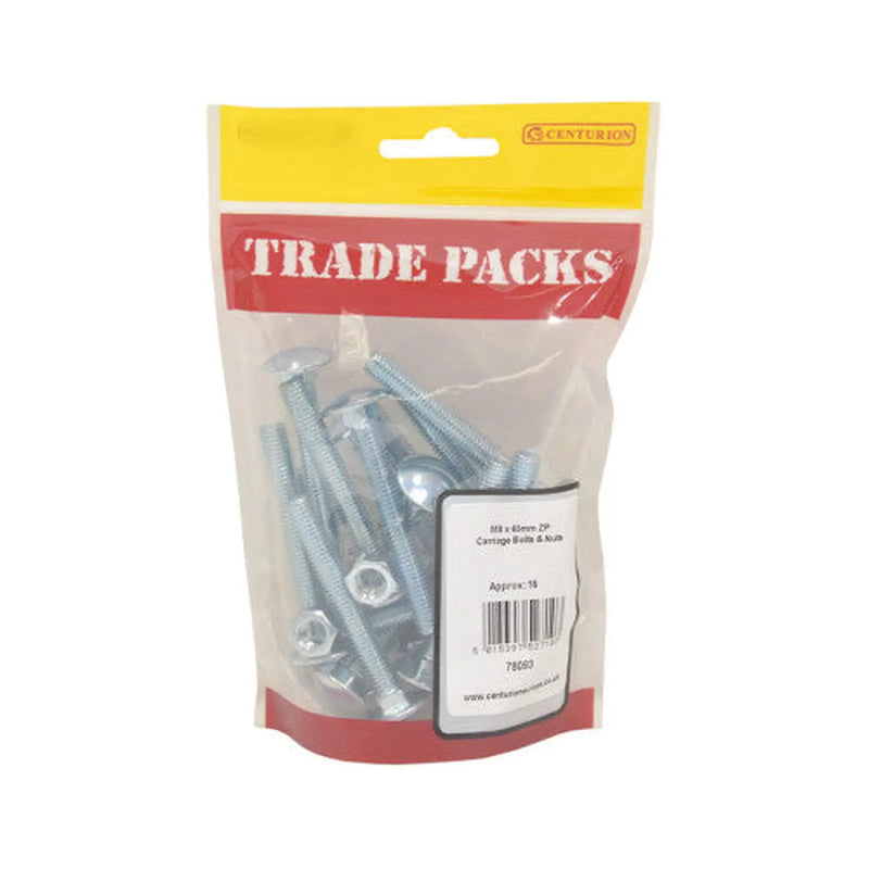 Centurion Cup Square Carriage Bolts & Nuts - Zinc Plated - M8 x 65mm - (16 PK) - Pack of 5