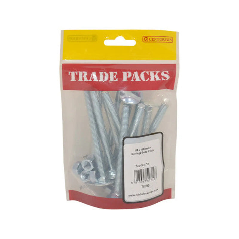 Centurion Cup Square Carriage Bolts & Nuts - Zinc Plated - M8 x 100mm - (12 - Pack of 5