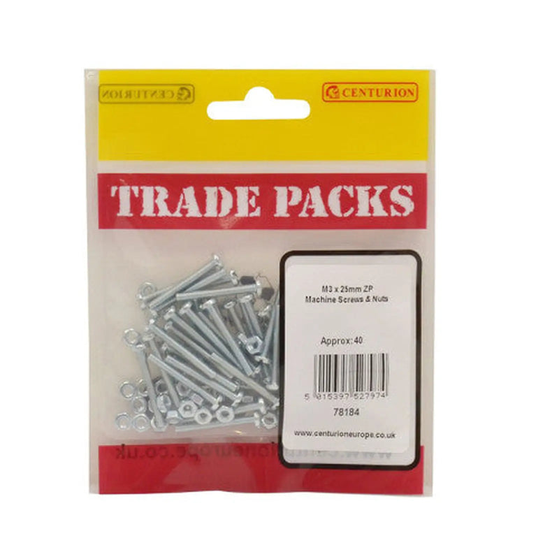 Centurion Machine Screws & Nuts - Zinc Plated - M3 x 25mm - (40 PK) - Pack of 5