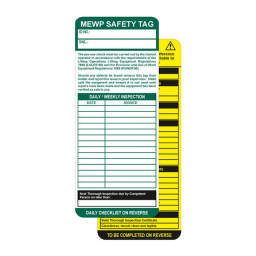Centurion 'MEWP (Mobile Elevating Work Platforms)' Tag Insert (Pack of 10)