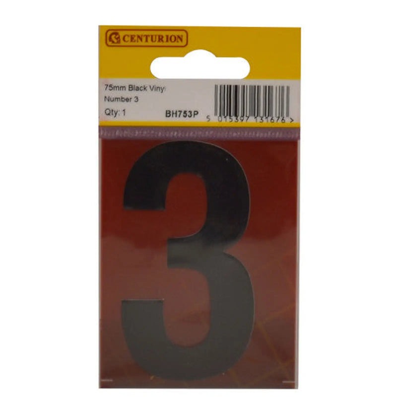 Centurion 75mm Black Helvetica Bold Condensed Style Vinyl Number 3 - Pack of 10
