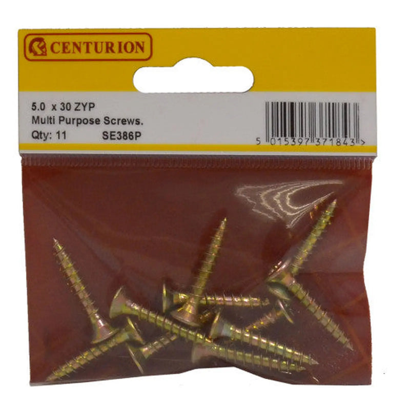 Centurion Multi Purpose Pozi Countersunk Screws, 5 x 30mm, Zinc Yellow Passivated - Min Order 6