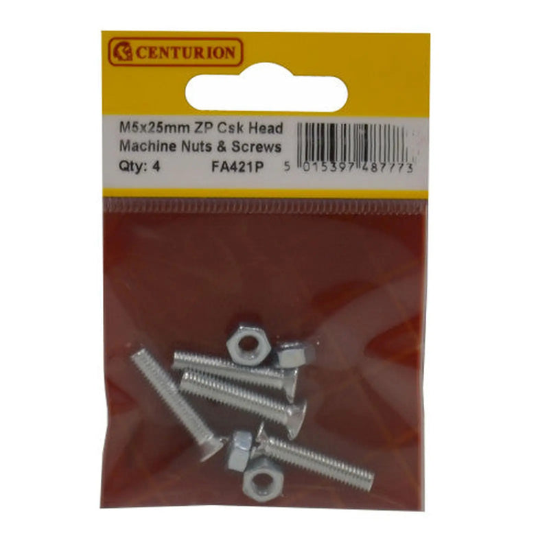 Centurion M5 x 25mm Machine Screws & Nuts - Countersunk Head - Zinc Plated - - Pack of 5
