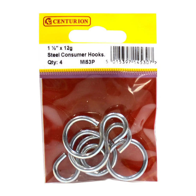 Centurion Steel Consumer Hooks, Zinc Plated, 38mm x 3mm - Pack of 5