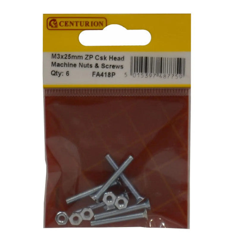Centurion M3 x 25mm Machine Screws & Nuts - Countersunk Head - Zinc Plated - - Pack of 5