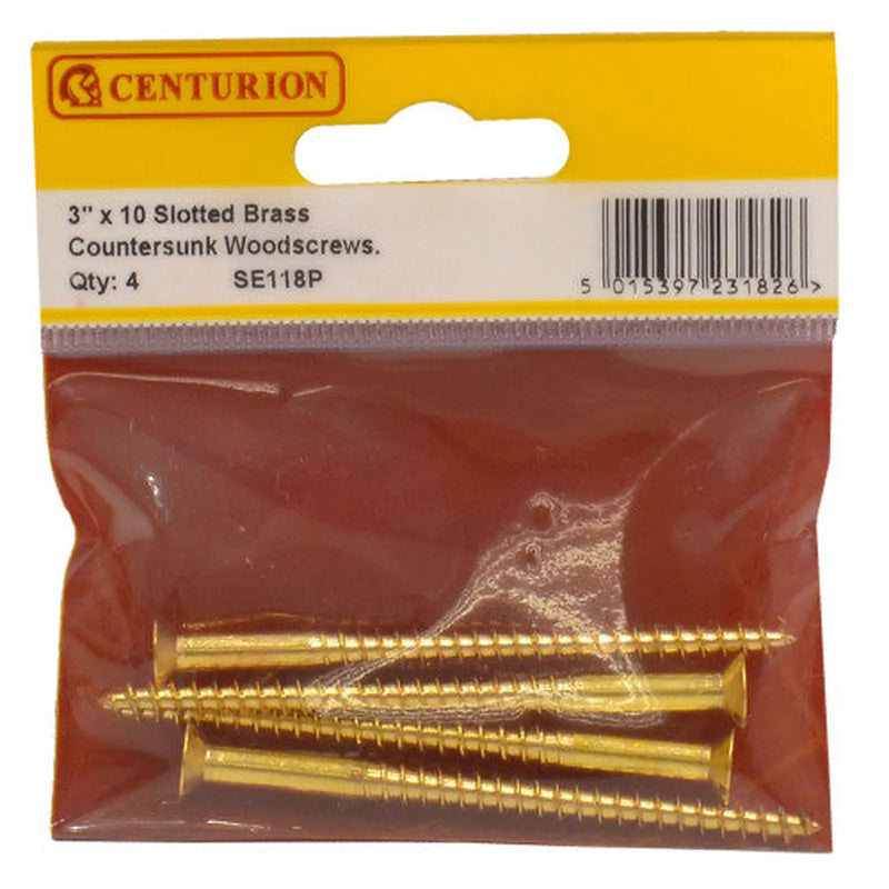 Centurion 3" x 10 Slotted Brass Woodscrew - Countersunk Head - (Pack of 4) - Pack of 5