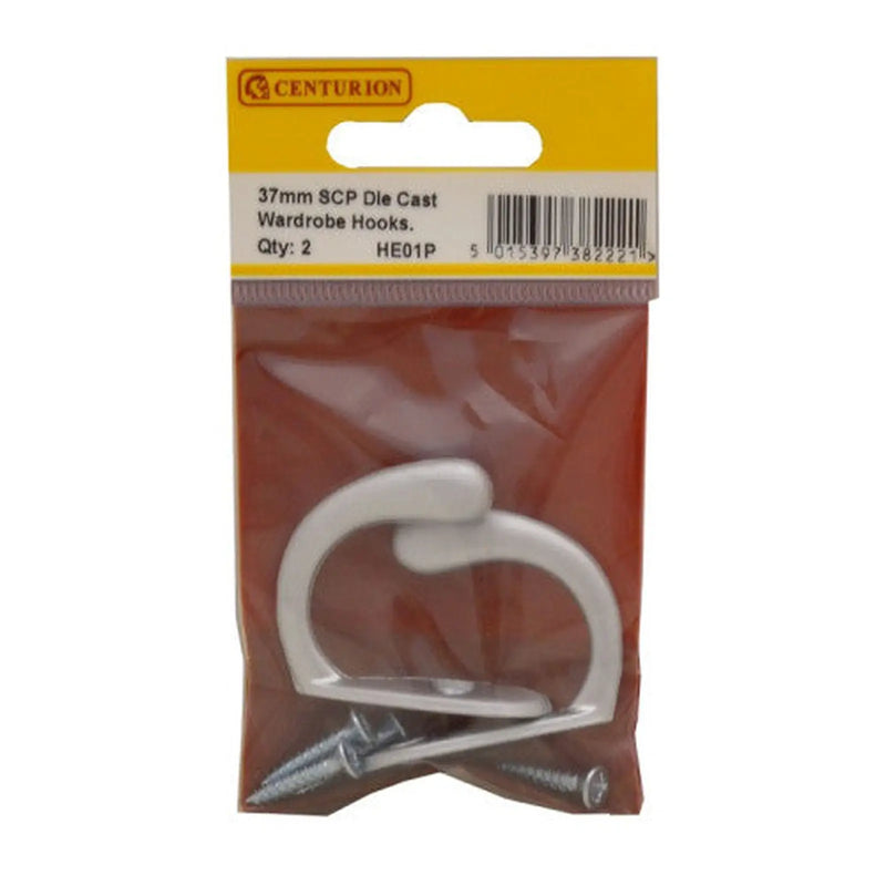 Centurion 50mm Die Cast Single Wardrobe Hook - Satin Chrome - Pack of 2