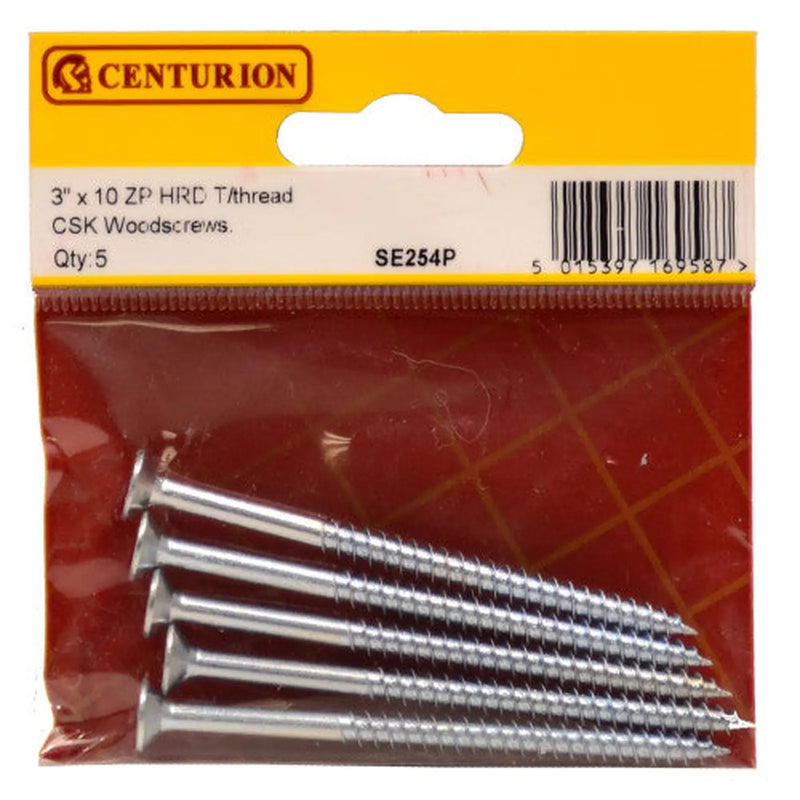 Centurion 3" x 10 ZP Cross Recessed Hardened Twin Thread Woodscrews with Countersunk Head (Pack of 5)