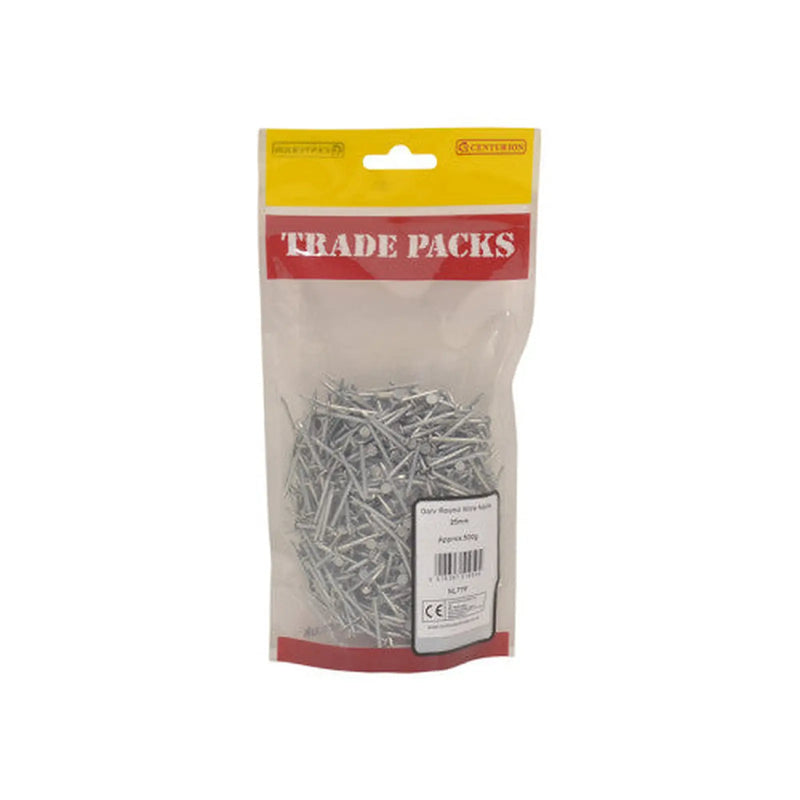 Centurion Round Wire Nails - Galvanised - 25mm - (500g Pack) - Pack of 5