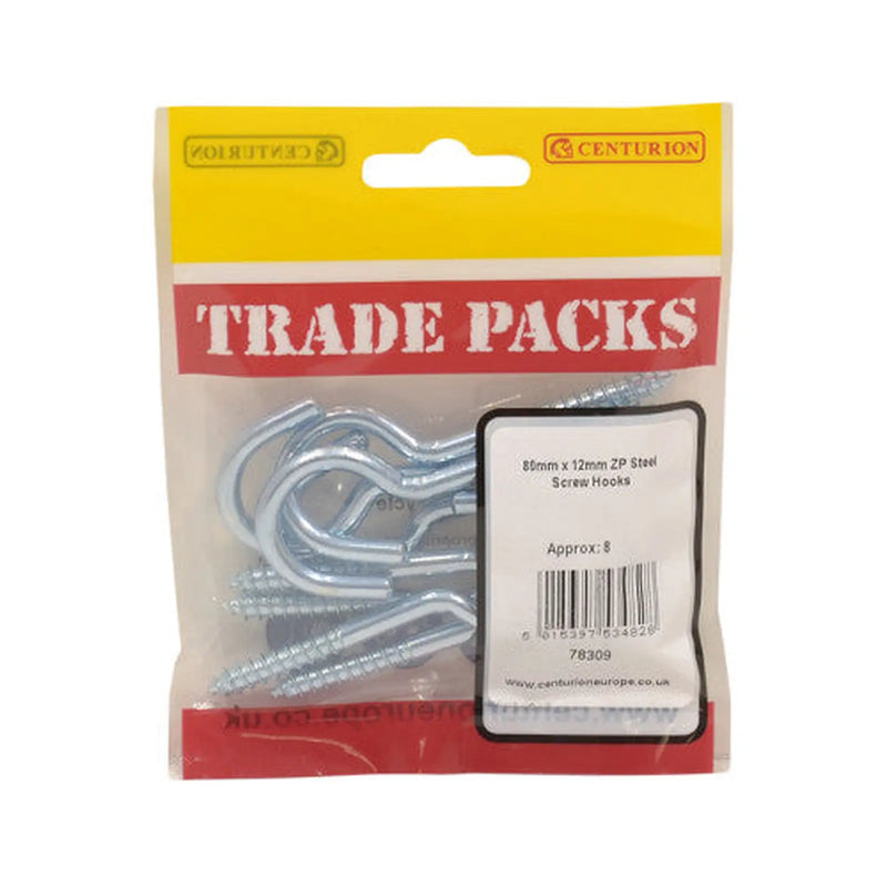 Centurion Steel Screw Hooks - Zinc Plated - 80mm x 12mm - (8 PK) - Pack of 5