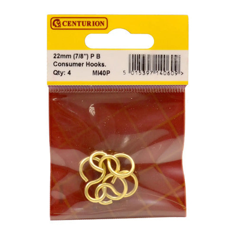 Centurion Solid Brass Consumer Hooks, Polished Brass, 22mm x 2mm - Pack of 5