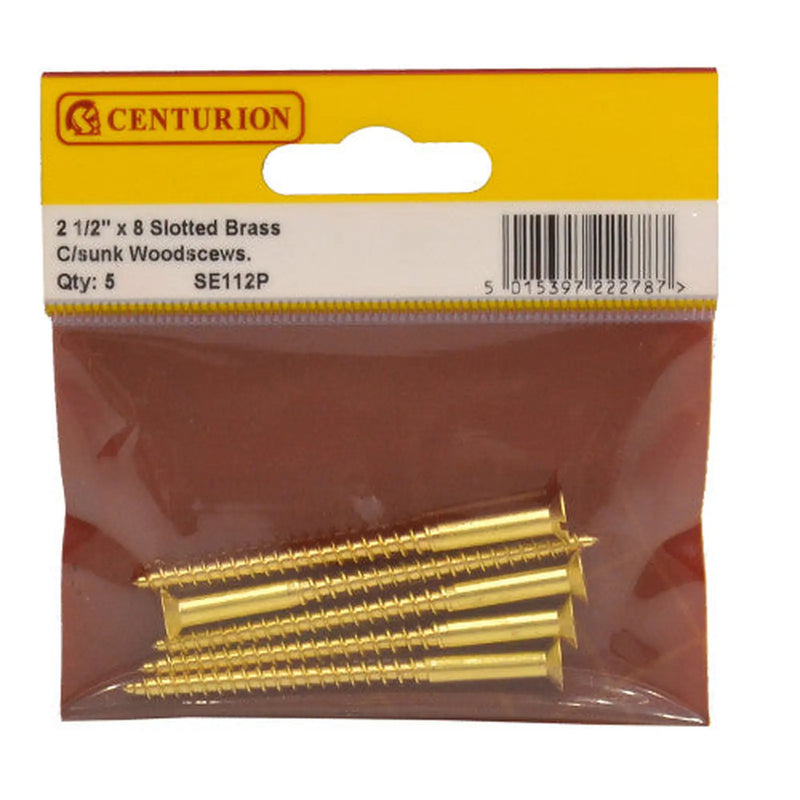 Centurion 2 1/2" x 8 Slotted Brass Woodscrew - Countersunk Head - (Pack of 5)