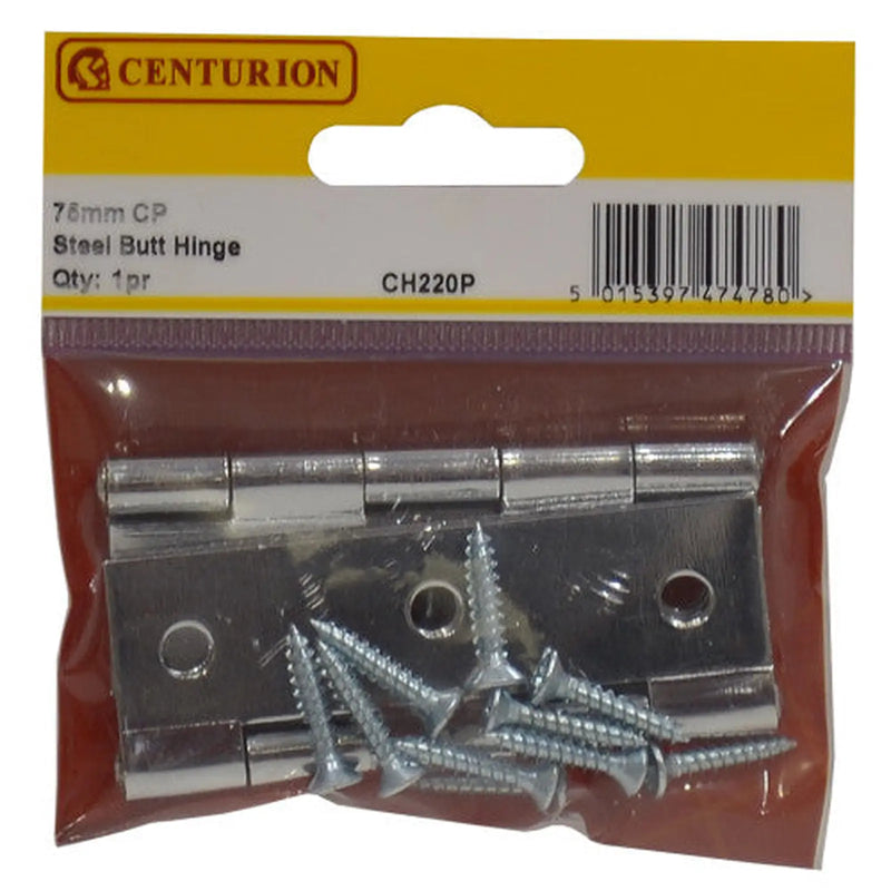 Centurion Steel Butt Hinges, Chromed, 75mm - Pack of 5