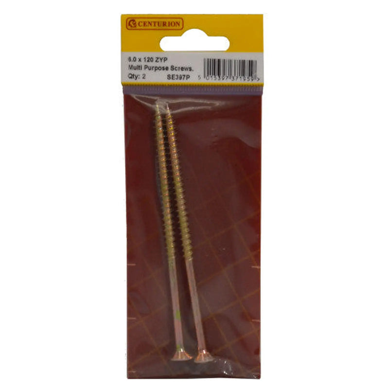 Centurion Multi Purpose Pozi Countersunk Screws, 6 x 120mm, Zinc Yellow Passivated - Min Order 6