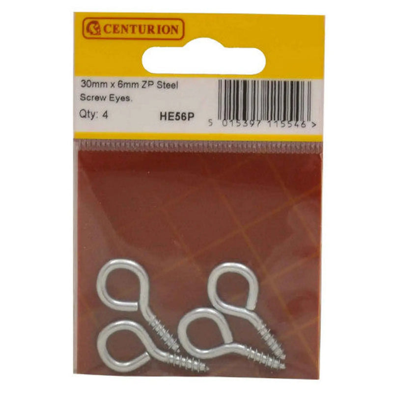 Centurion Steel Screw Eyes - Zinc Plated - 30mm x 3mm - (Pack of 4) - Pack of 5