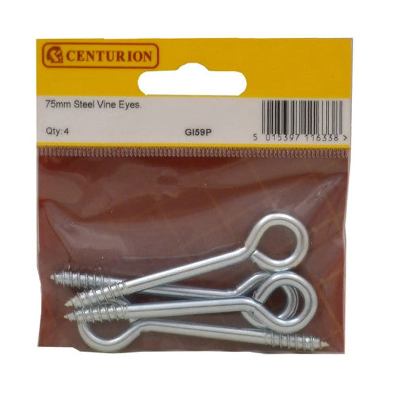 Centurion Screw In Steel Vine Eyes - Zinc Plated - 75mm x 12mm - (Pack of 4) - Pack of 5