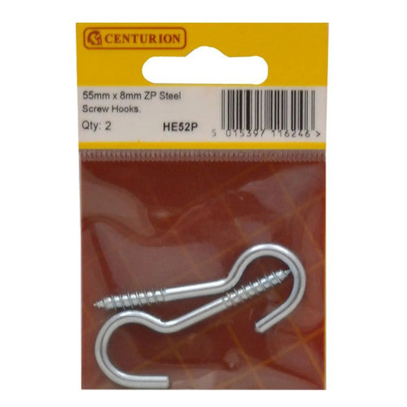 Centurion Steel Screw Hooks - Zinc Plated - 55mm x 8mm - (Pack of 2) - Pack of 5