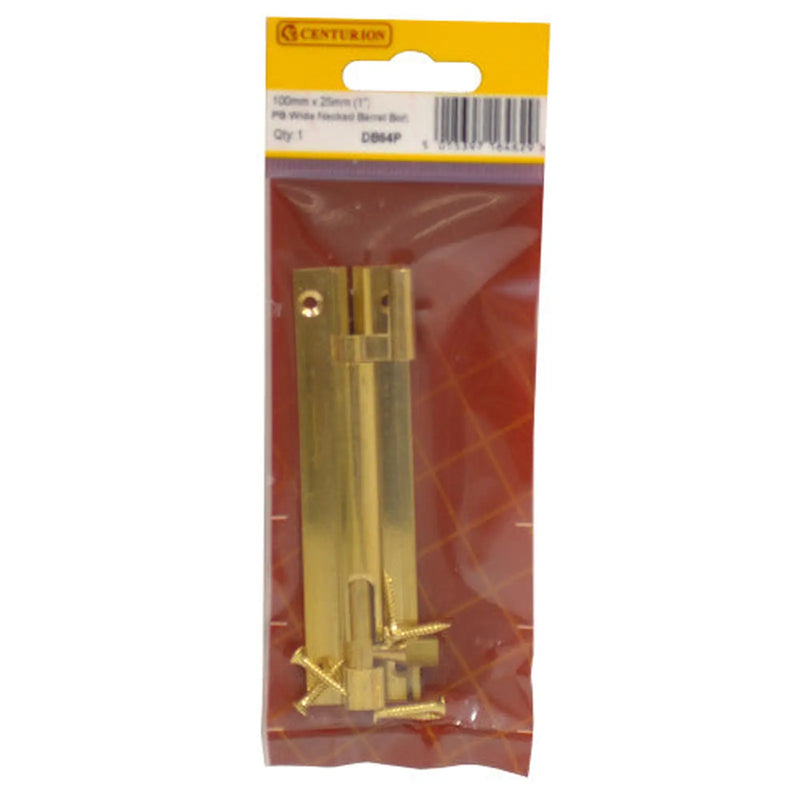 Centurion Necked Barrel Bolts, Polished Brass, 25mm x 100mm - Pack of 5
