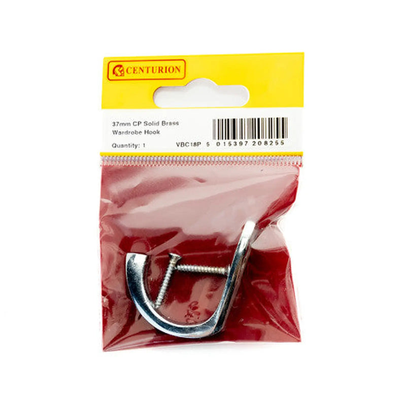 Centurion 50mm Solid Brass Single Wardrobe Hook - Chrome Plated - Pack Qty 1 - Pack of 5